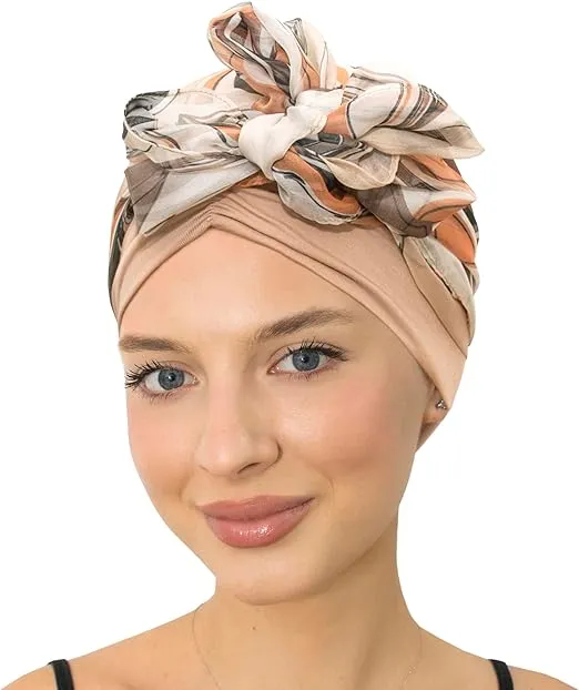 Khaki Bloemen Comfortabele Bedekkende Wrap - Chemo Kanker Haaruitval Hoofddoek Hoed OBM