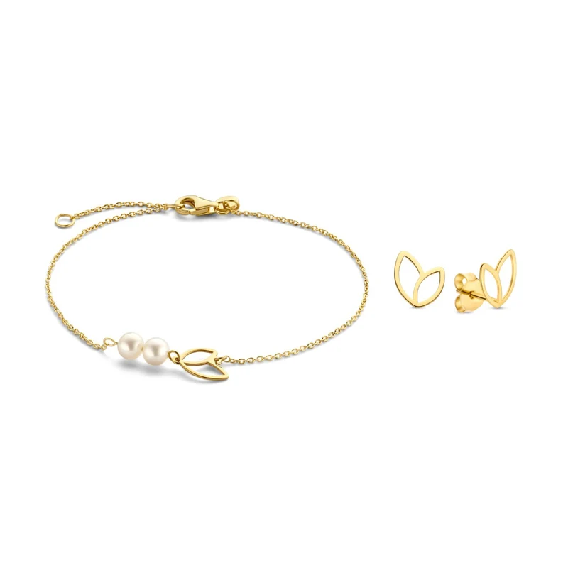 Isabel Bernard Cadeau d'Isabel 14 karaat gouden armband en oorknopjes giftset met zoetwaterparels IB90185