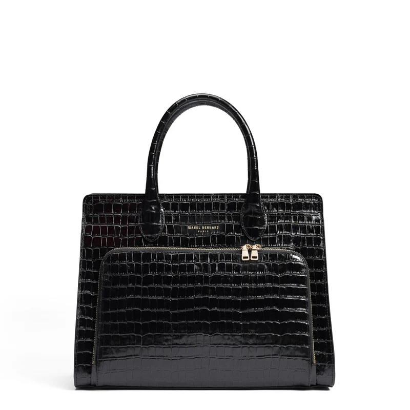 Isabel Bernard Honoré Nadine croco zwarte kalfsleren handtas met 13 inch laptopvak IB25110-201-13