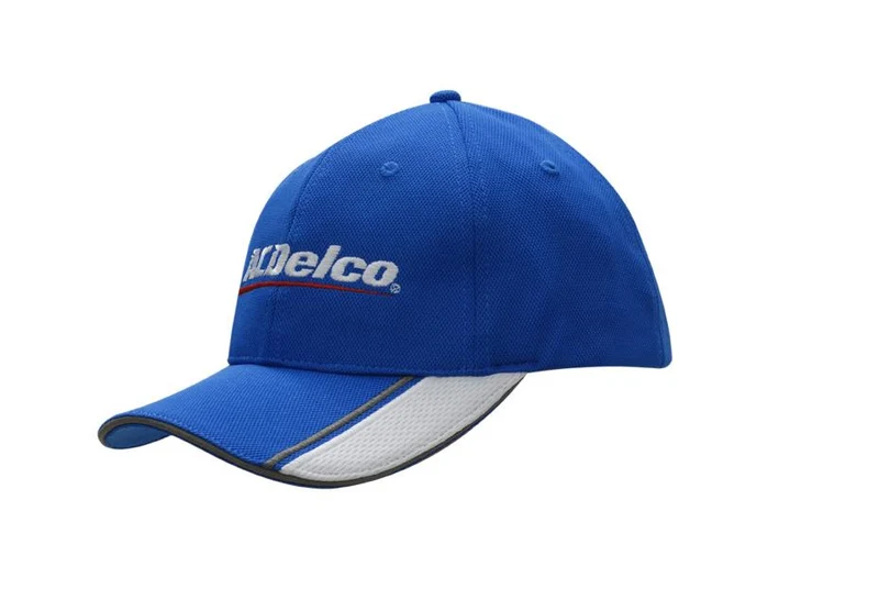 MESH KNIT CAP WITH MESH INSERTS AND EMBROIDERY ON PEAK & SANDWICH TRIM
