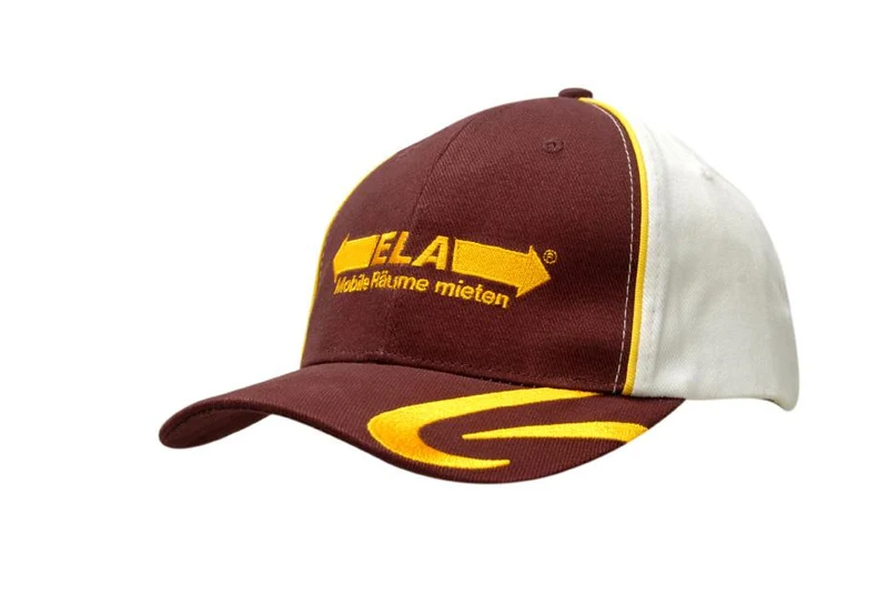 BRUSHED HEAVY COTTON CAP WITH CROWN PIPING & PEAK SWIRL EMBROIDERY