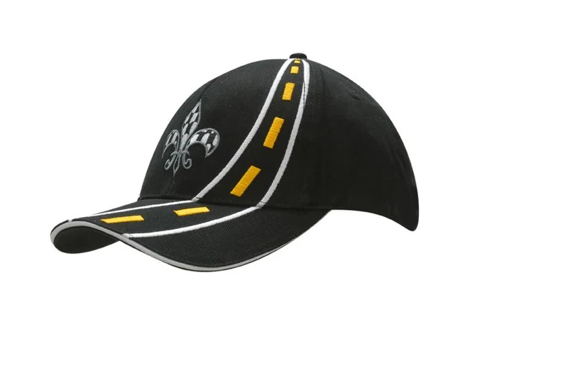 BRUSHED HEAVY COTTON CAP WITH ROAD EMBROIDERY ON CROWN & PEAK WITH SANDWICH TRIM