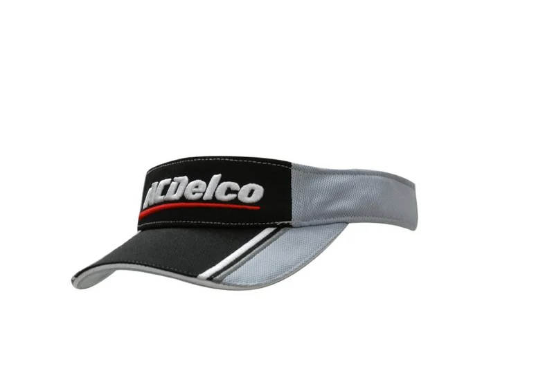 MESH KNIT VISOR WITH FABRIC INSERTS AND EMBROIDERY ON PEAK