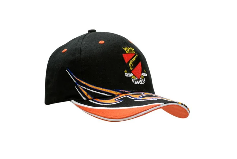 BRUSHED HEAVY COTTON CAP WITH SANDWICH, PEAK INDENT & FLAME EMBROIDERY ON CROWN & PEAK