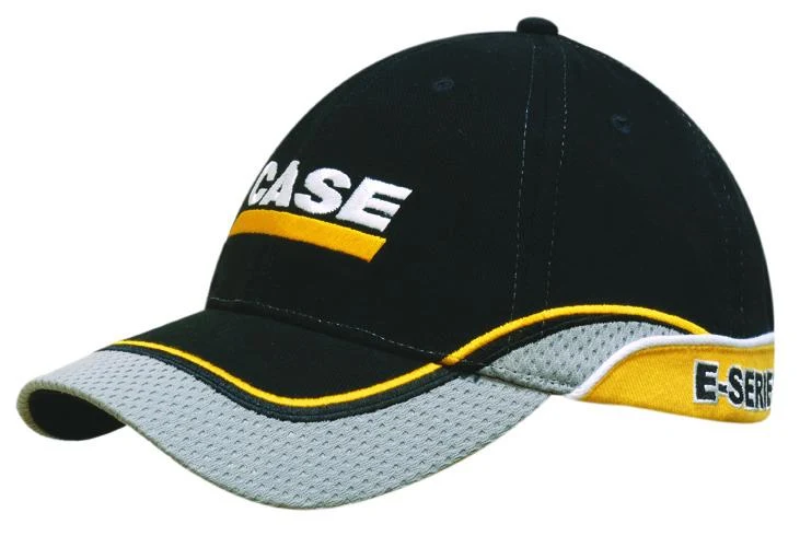 BRUSHED HEAVY COTTON CAP WITH MESH PEAK AND CROWN INDENT, EMBROIDERED TRIM AND PIPING