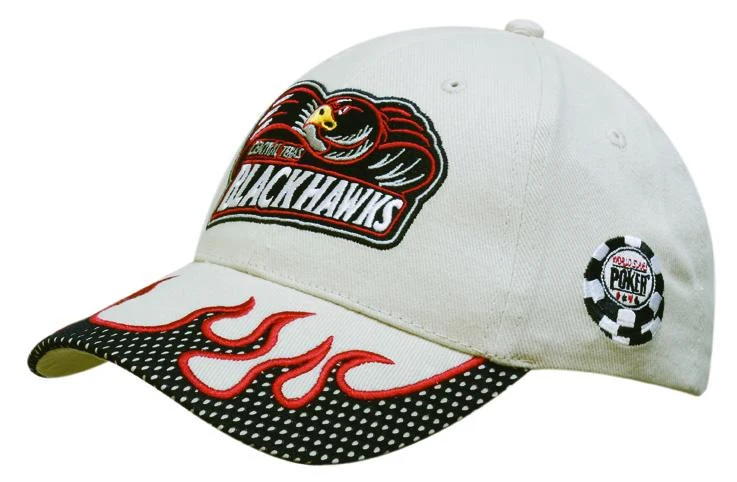 BRUSHED HEAVY COTTON CAP WITH MESH PEAK TRIM & FLAME EMBROIDERY