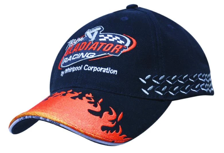 BRUSHED HEAVY COTTON CAP WITH FLAME EMBROIDERY ON PEAK & SIDE FLAG EMBROIDERY