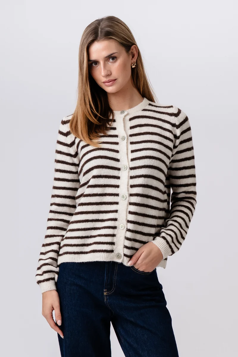Crizette Striped Knit Cardigan - Off White/ Brown