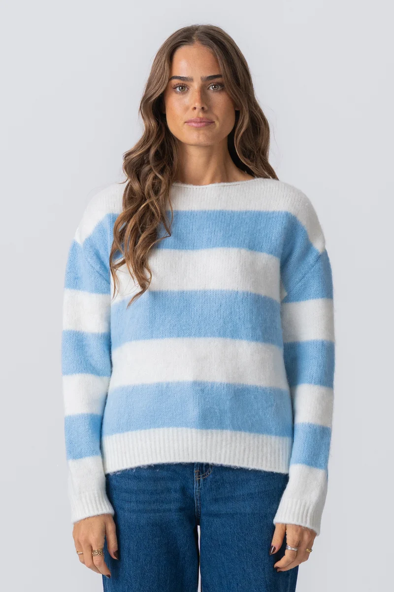 Celina Striped Knitted Sweater - White/Sky Blue
