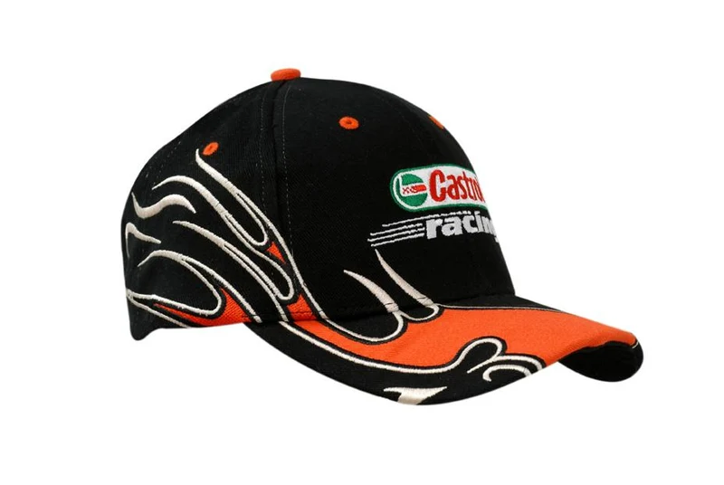 BRUSHED HEAVY COTTON CAP WITH FLAME DESIGN ON CROWN & PEAK