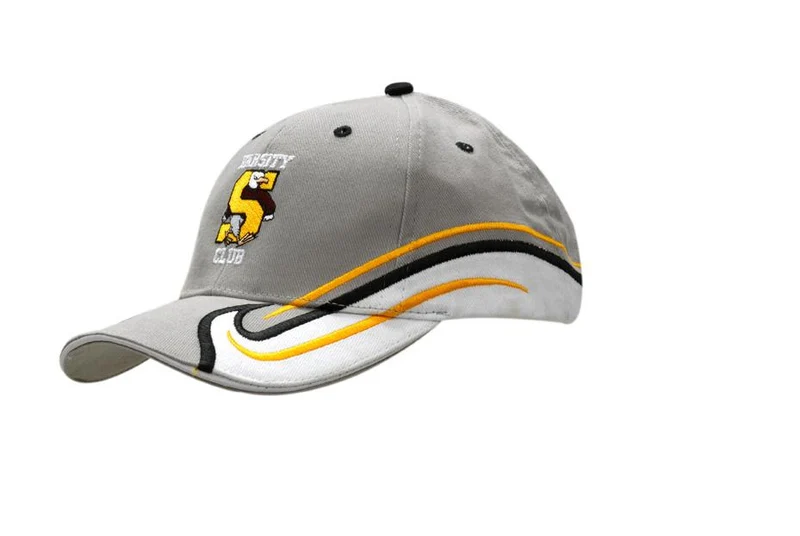 BRUSHED HEAVY COTTON CAP WITH SANDWICH TRIM & FABRIC INSERTS/EMBROIDERY ON CROWN & PEAK
