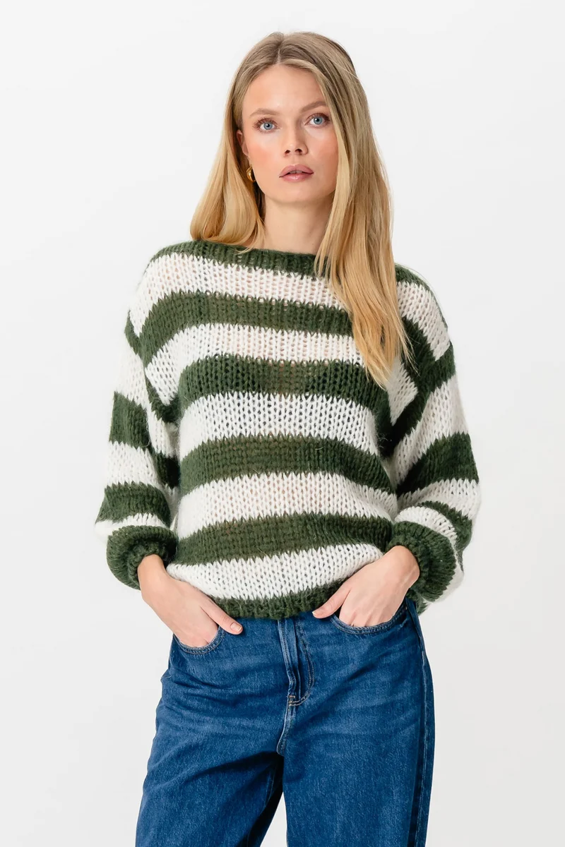 Mila Striped Knitted Sweater - Khaki/White