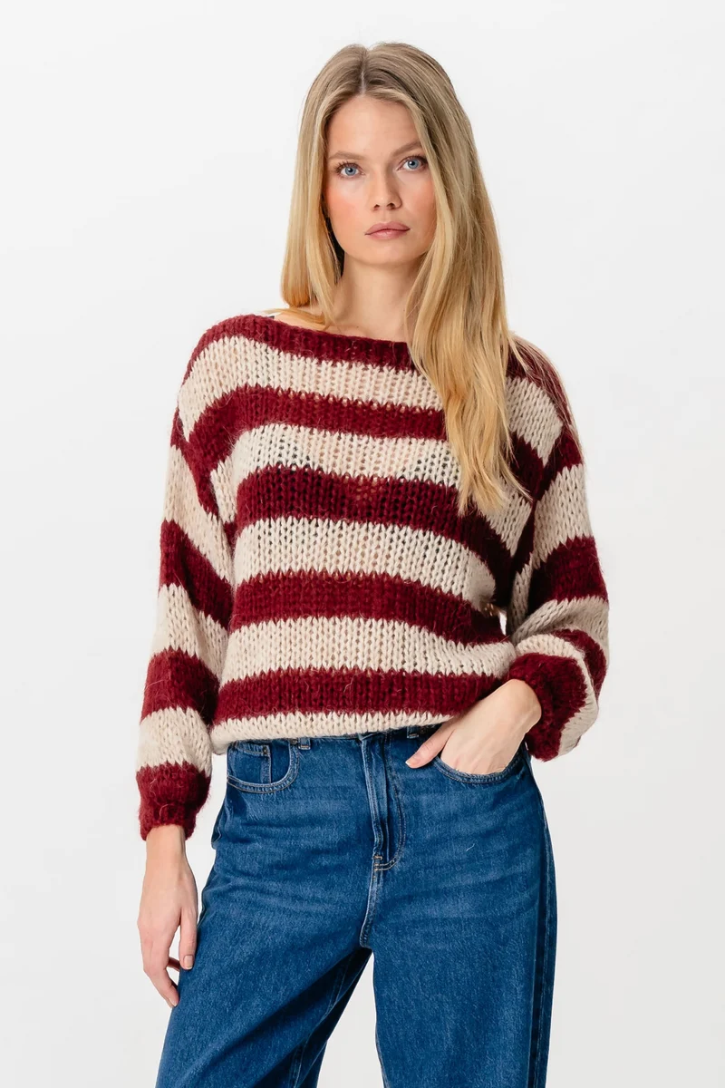 Mila Striped Knitted Sweater - Burgundy/Beige
