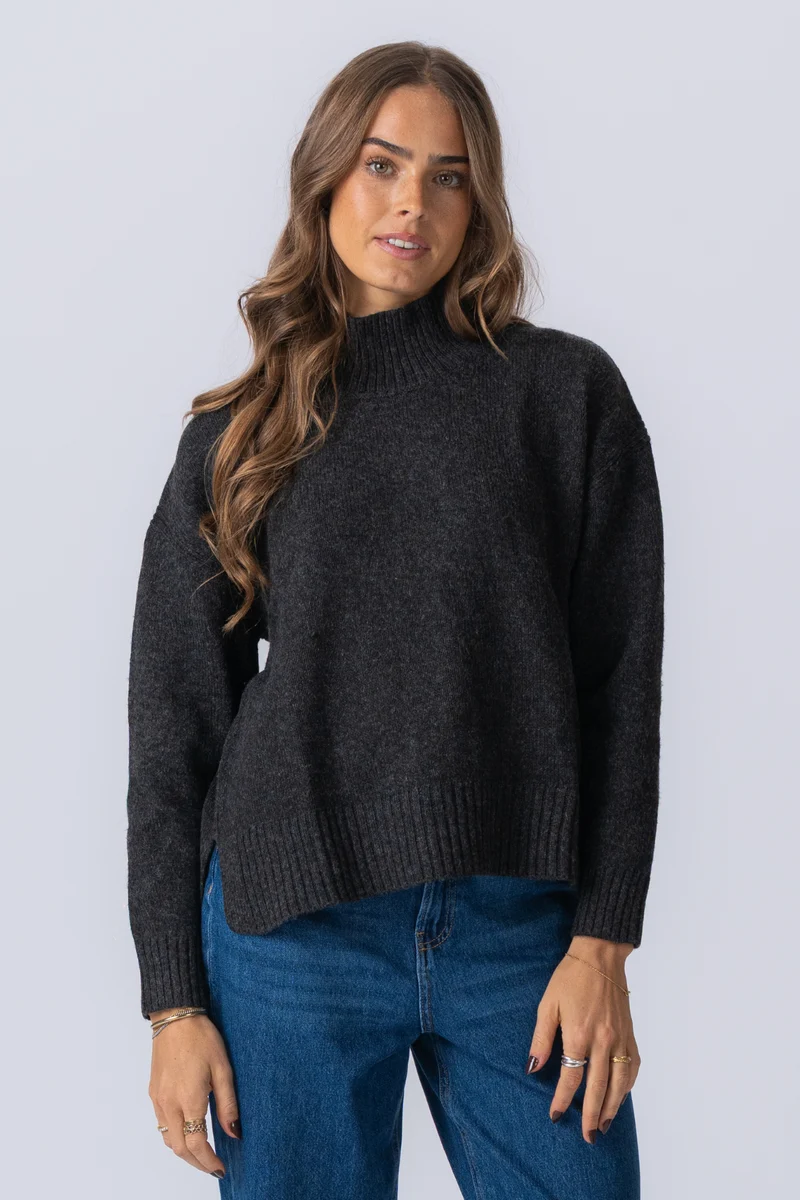 Oversized Knitted Polo-Neck Jumper - Dark Grey Melange