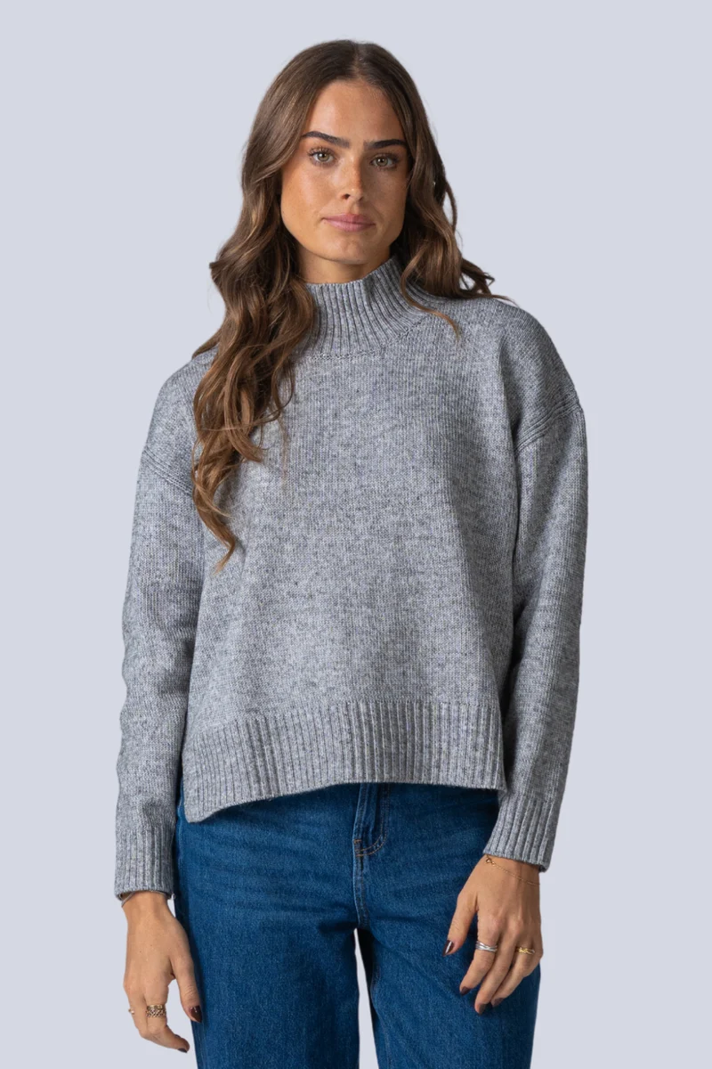 Oversized Knitted Polo-Neck Jumper - Light Grey Melange