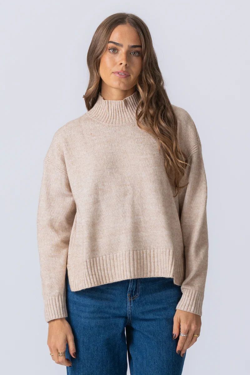 Oversized Knitted Polo-Neck Jumper - Beige