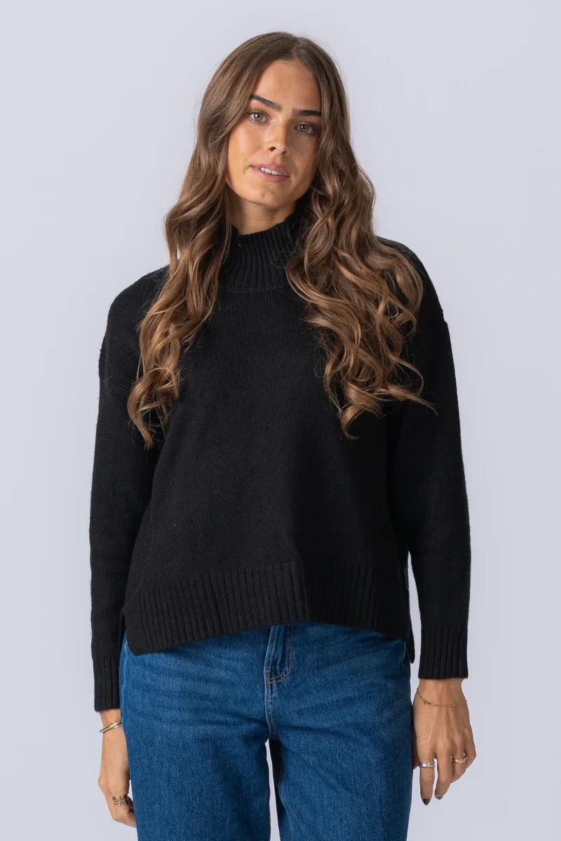 Oversized Knitted Polo-Neck Jumper - Black
