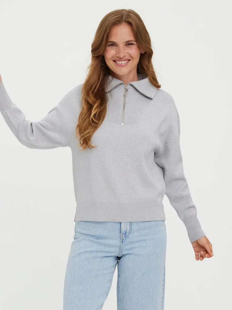 Saba Stripe Half-zip Blouse - Light Grey Melange