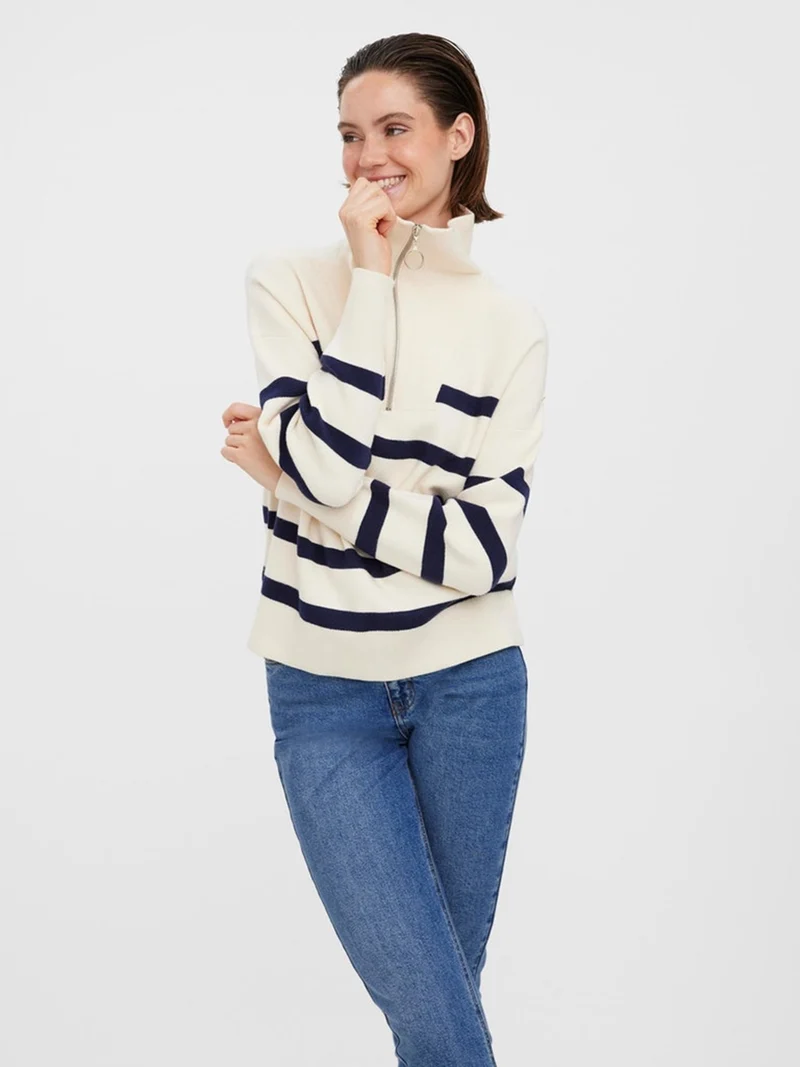 Saba Stripe Half-zip Blouse - Birch/Navy Blazer