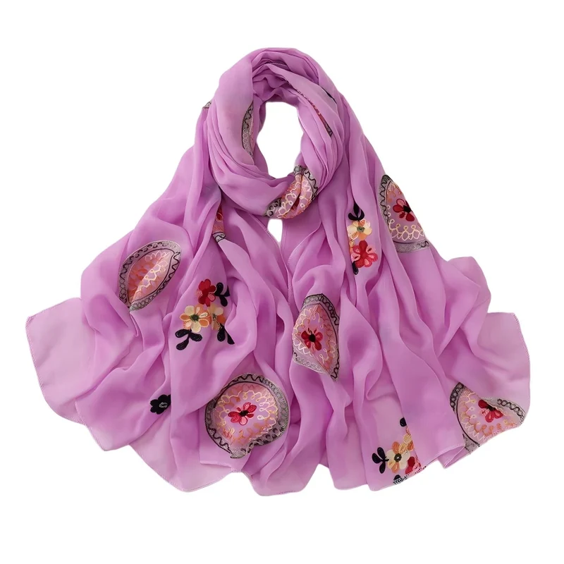 Elegante geborduurde chiffon hijab sjaal, zachte lange sjaal in meerdere kleuren.