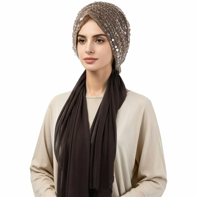 Glitterende pailletten tulband hijab met aangehechte lange sjaal