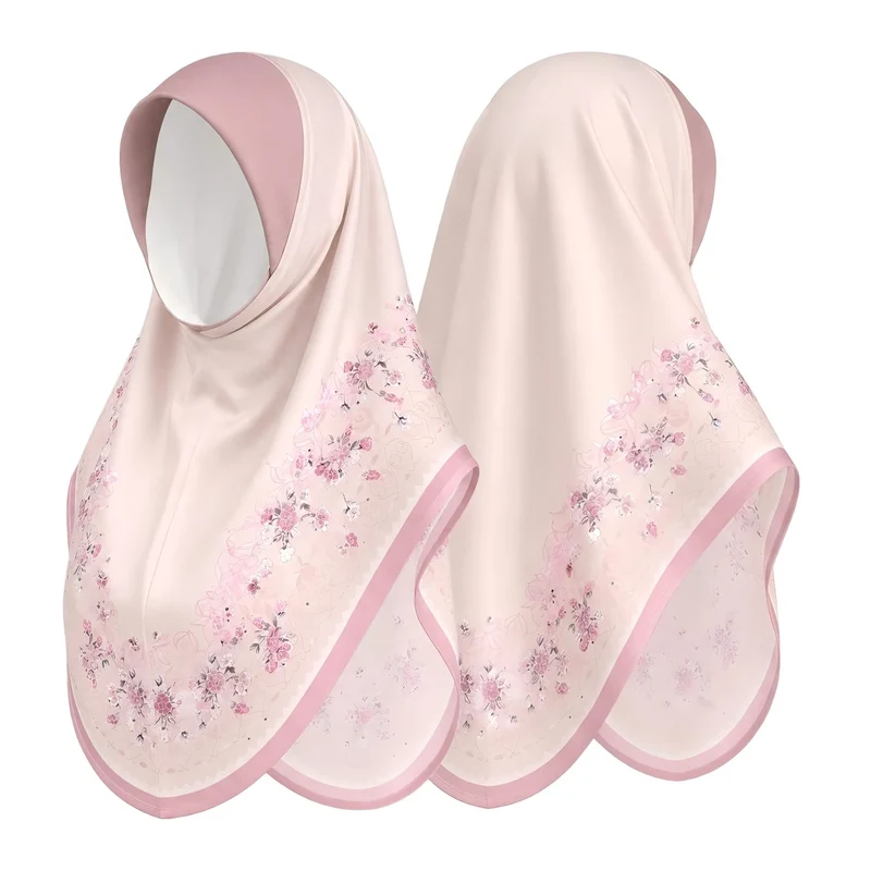 Groothandel in luxe zijden slip-on hijab met prachtige bloemenprint, islamitische hoofddoek.