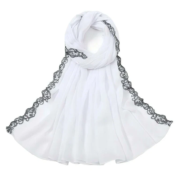 Groothandel chiffon hijab met sierlijke kanten rand en premium geborduurde sjaal