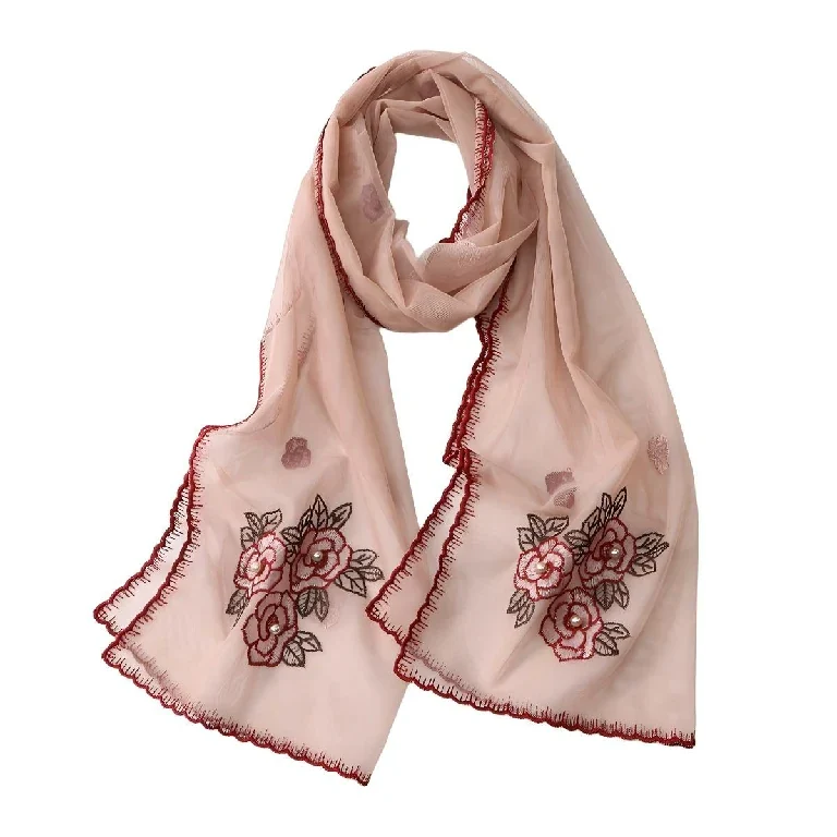 Elegante, doorschijnende mesh sjaal met bloemenborduursel en parels, verkrijgbaar in de groothandel.