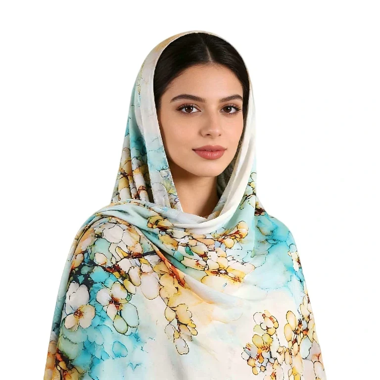 Groothandel elegante aquarel bloemen hijab sjaal voor dames, zachte grote vierkante sjaal