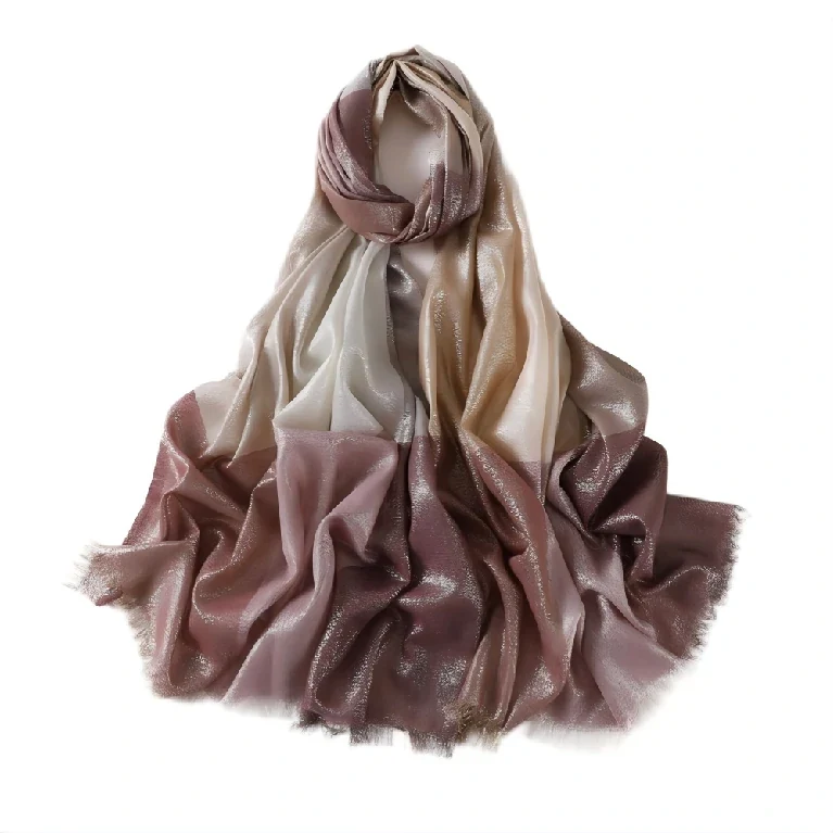 Groothandel dames hijab sjaal met metallic ombre ruitpatroon en franjes, zachte, lichtgewicht omslagdoek