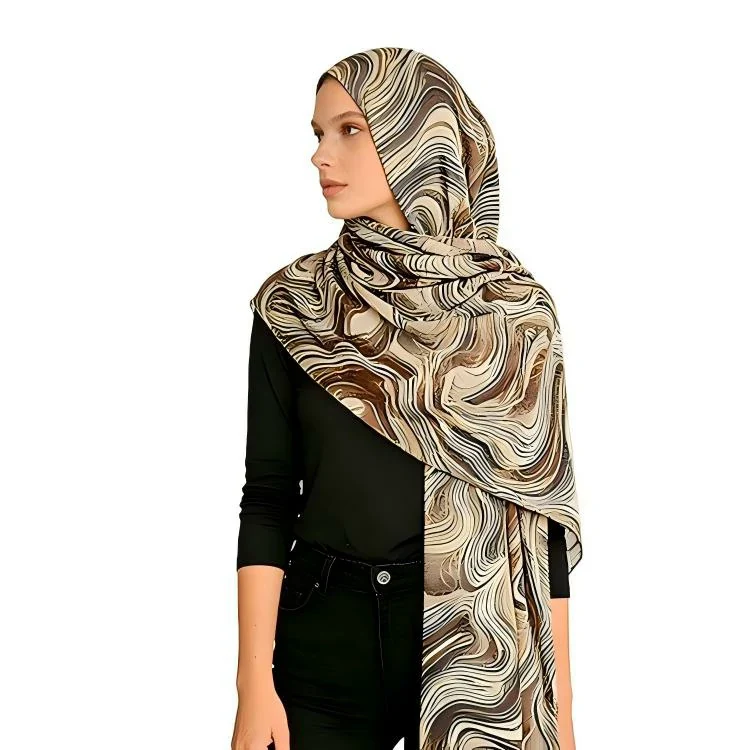 Groothandel dames hijab sjaal met abstracte marmerprint, lichtgewicht en elegant.