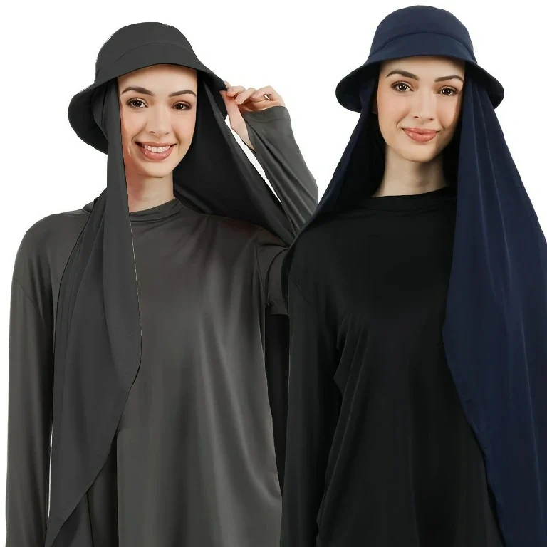 Groothandel chiffon bucket hat met aangehechte hijab, lange sjaal, direct te gebruiken islamitische hoofddoek