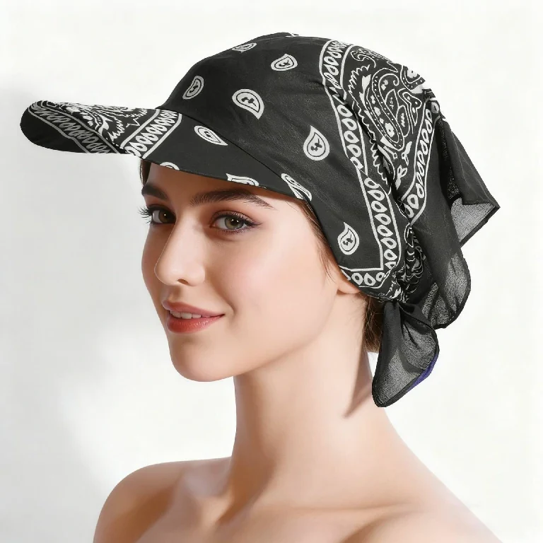 Lichtgewicht bandana-muts met paisleyprint en klep, geschikt voor groothandel, met UV-bescherming.
