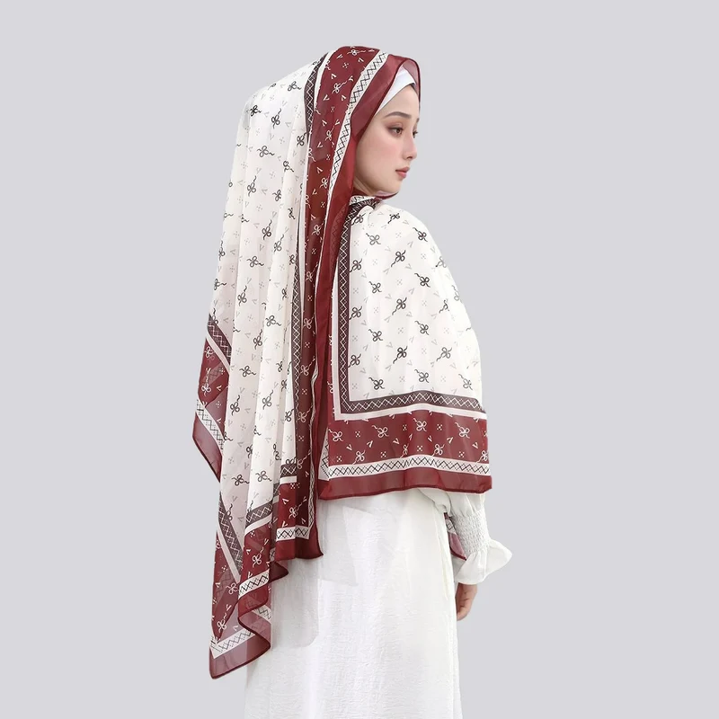 Groothandel in mauve vierkante chiffon hijab sjaals voor dames met strikprint
