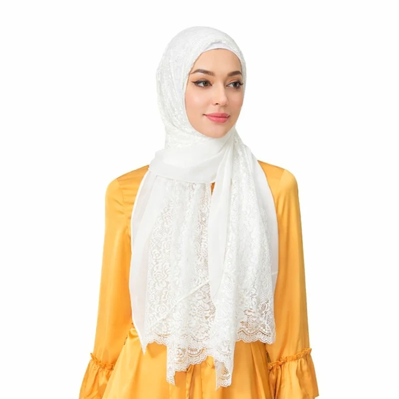 Groothandel Premium Chiffon Hijab Cloud Dancer Brede Bloemen Kanten Afwerking Elegante Kanten Rand Sjaal