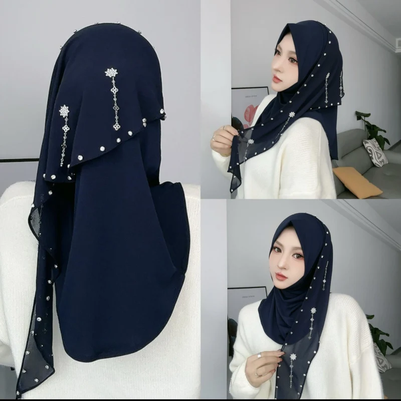 Groothandel in luxe islamitische hijabs met parels, kristallen en kralenversiering.
