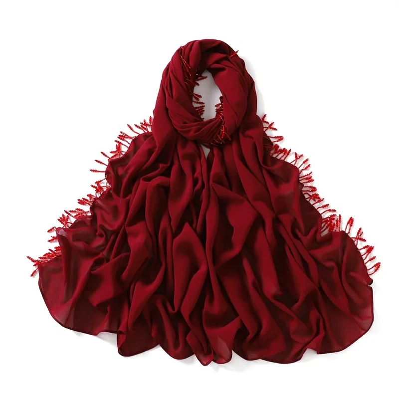Groothandel in luxe islamitische chiffon hijab sjaals met kralenfranjes en kwastjes.