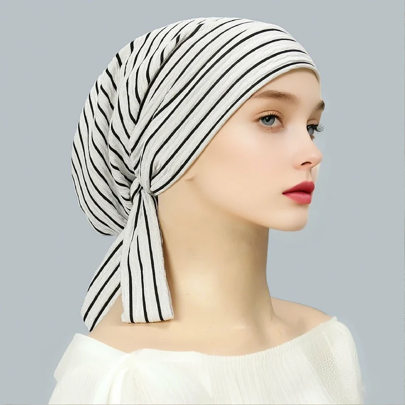 Groothandel in gestreepte, voorgestrikte, lange staart bandana sjaal hoed tulband hijab wikkelmuts voor moslimvrouwen
