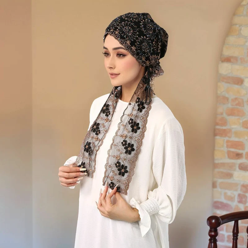Groothandel luxe geborduurde hoofddoeken Ramadan speciale kralen tulband hijab