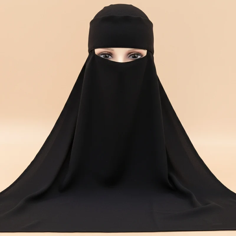 Groothandel lichtgewicht volledig bedekkende niqab kant-en-klaar islamitische gezichtssluier in effen kleuren