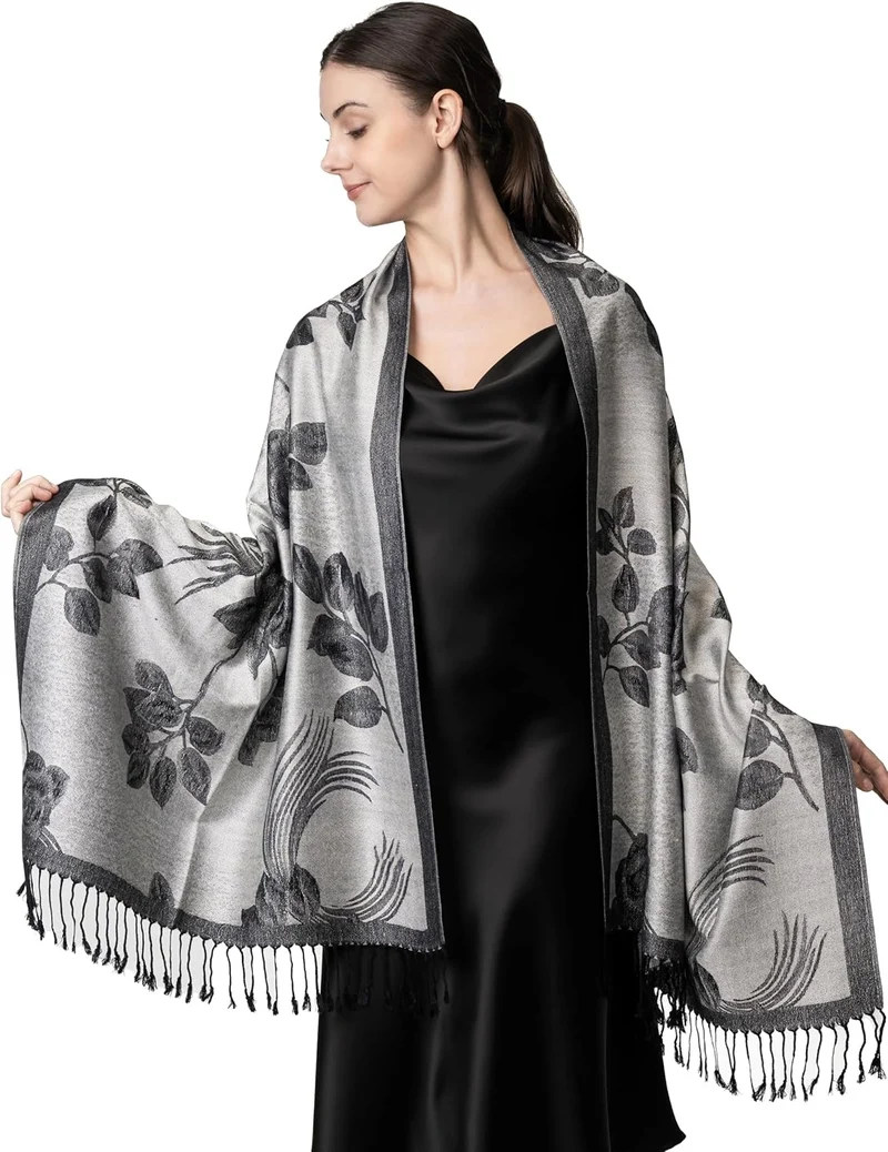 Luxe dubbele jacquard paisley kasjmier sjaal van de fabriek - warme dikke elegante grijze sjaal