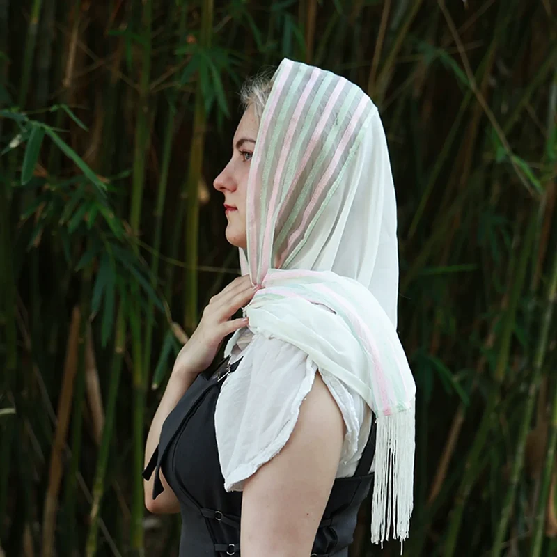 Gestreepte chiffon kwastjes sjaal met capuchon - zomerse zonbescherming casual vakantie hoofdband