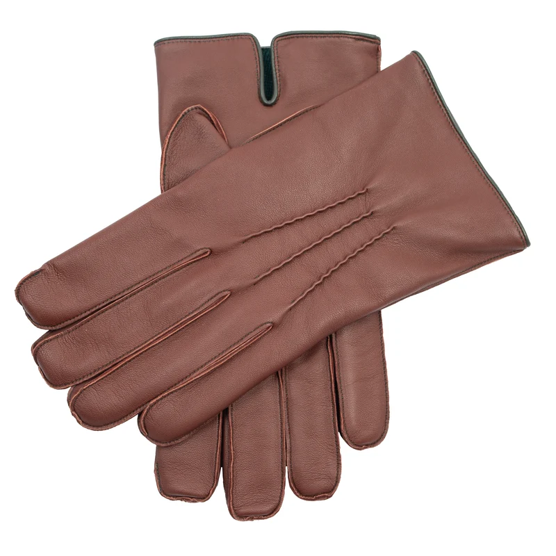 Gants en cuir Heritage à trois points doublés de cachemire pour hommes avec détails de couleur contrastée