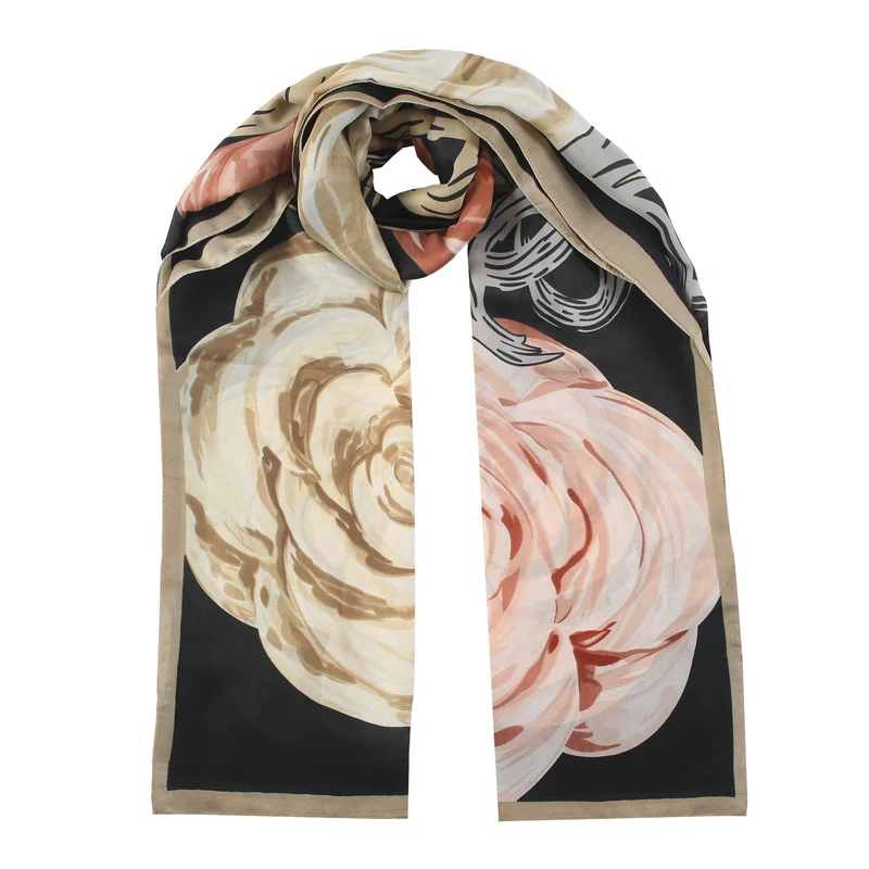 Écharpe légère en soie synthétique à motifs floraux abstraits pour femmes avec bordure