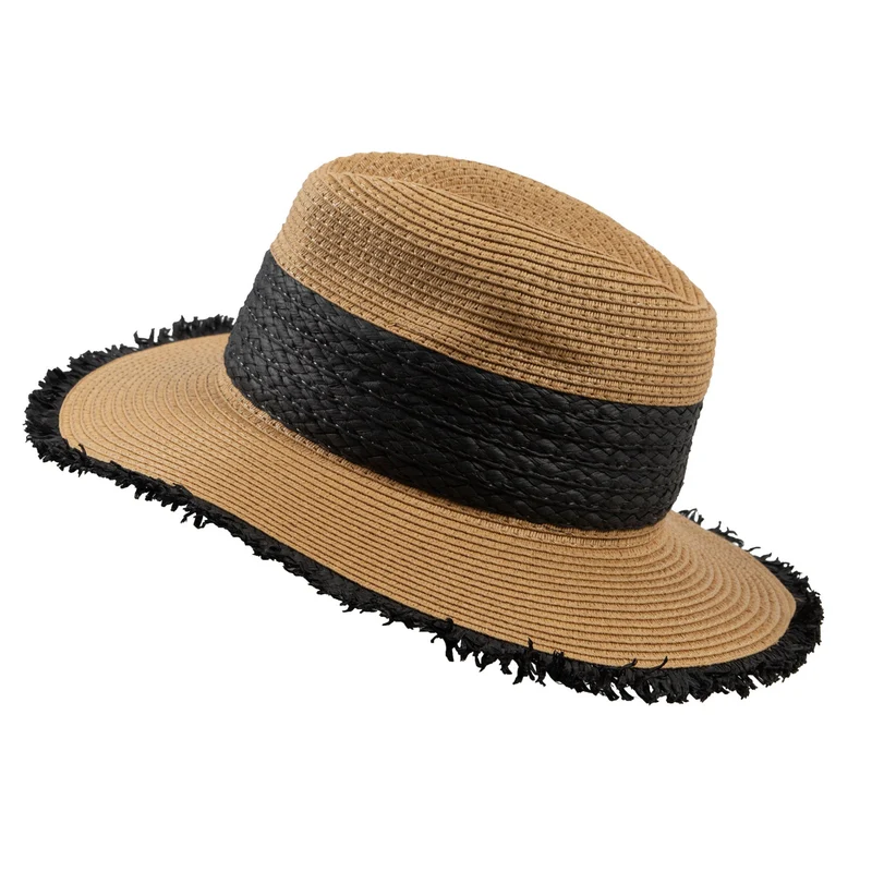 Chapeau Fedora en paille pour femmes avec détails en contraste de couleur et bord effiloché