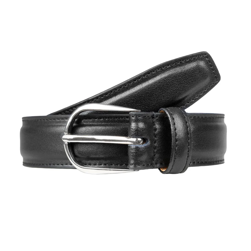 Men’s Heritage Lined Leather Belt with Shiny Silver Buckle and Stitched Edge