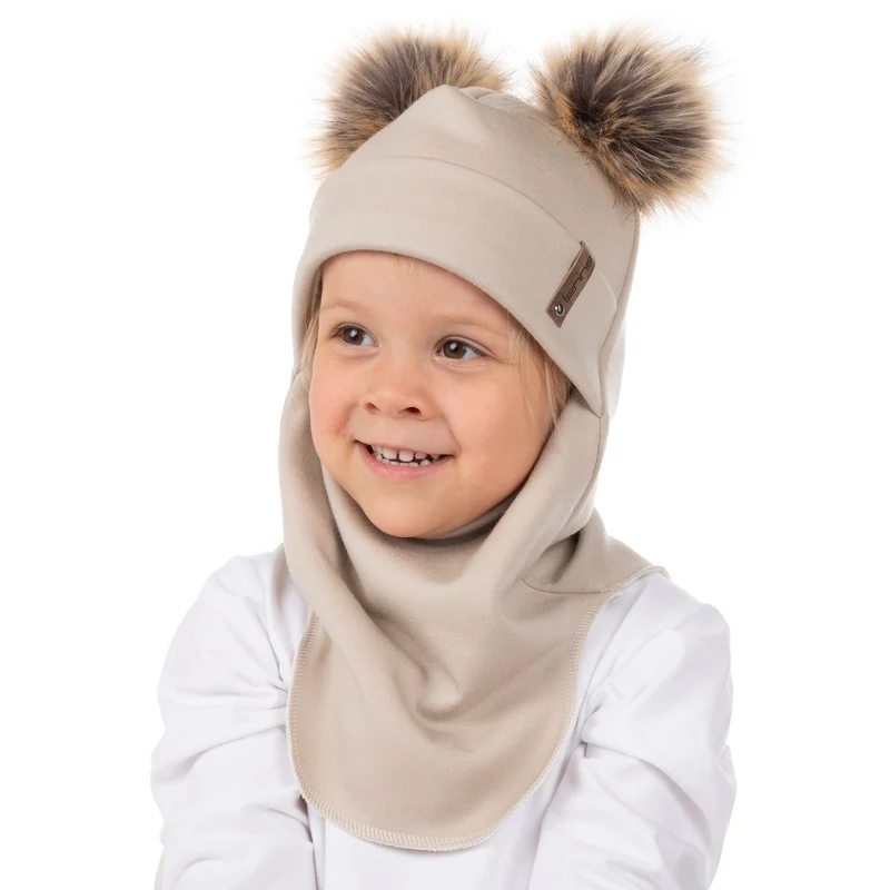 Beige bivakmuts van merinowol met dubbele pompons