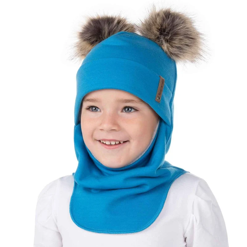 Felblauwe bivakmuts van merinowol met dubbele pompons