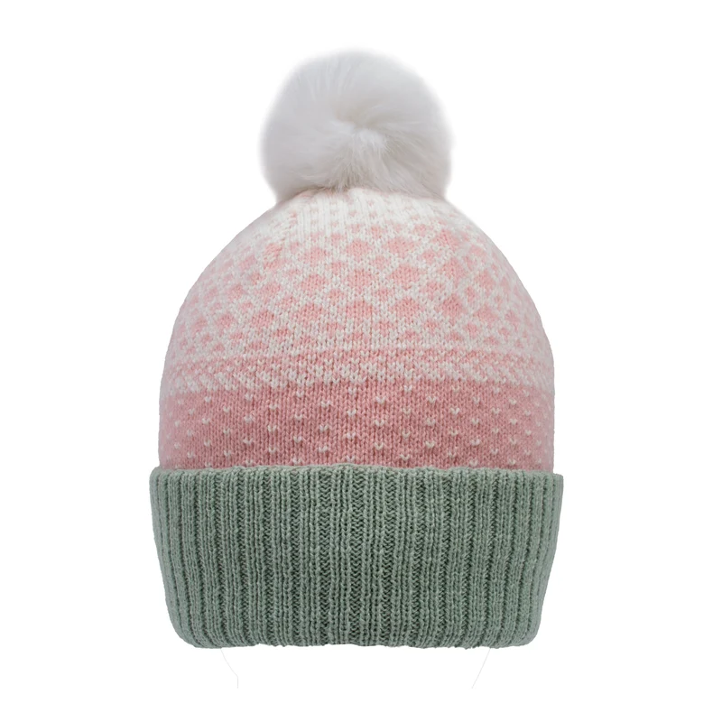 Bonnet tricoté jacquard pour femmes avec motif à pois et pompon en fausse fourrure
