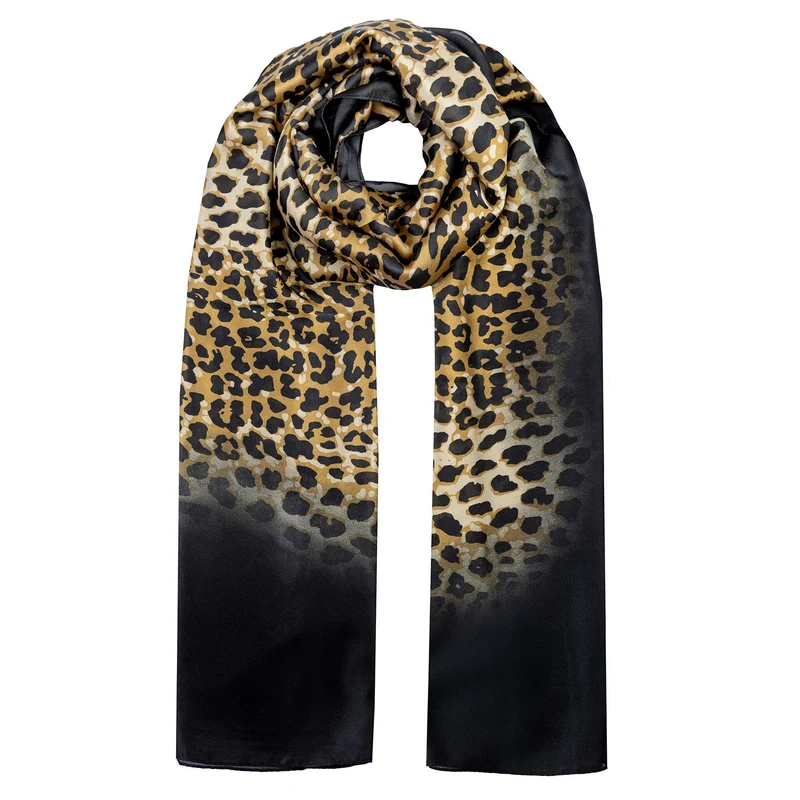 Foulard léger pour femmes en soie synthétique à motif léopard avec bordure dégradée